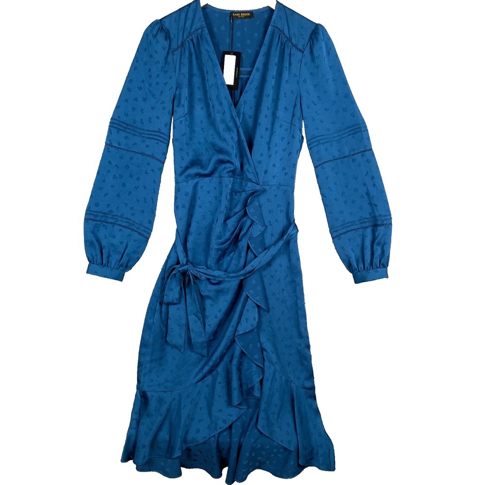 NWT Ramy Brook Faux Wrap Dress Size 8 Ocean Blue Ruffled Midi Tie Waist Jacquard